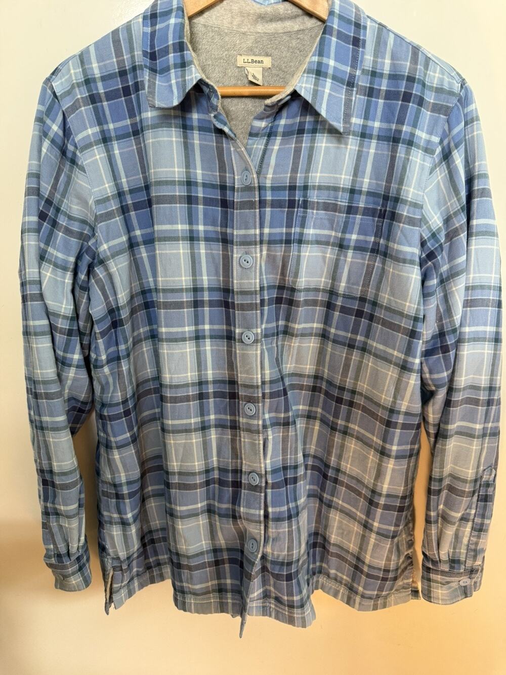 L.L. Bean Blue Plaid Fleece Lined Shacket Shirt Cotton Button Front Women’s L